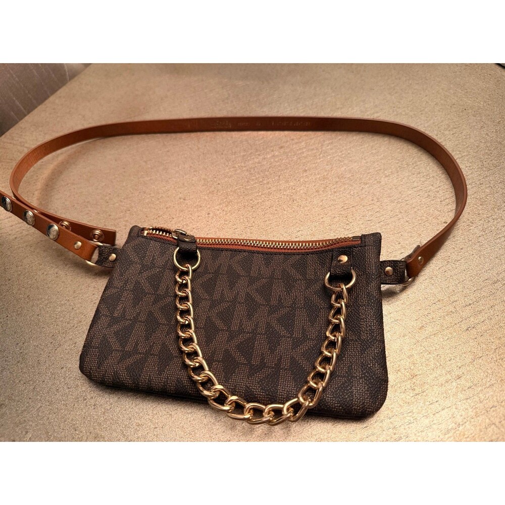 Michael Kors MK Signature Brown Belt Bag Fanny Pack Pouch w/ Gold Chain Detail